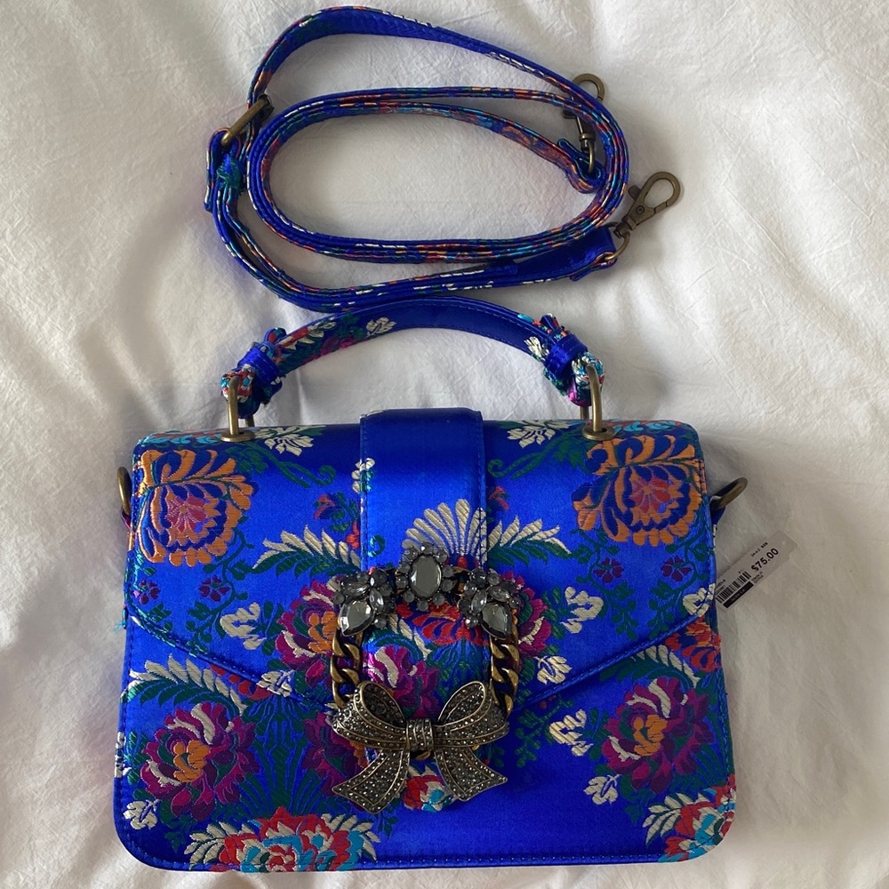 Aldo Vibrant Floral Blue Crossbody Bag with crystal Bow Accent